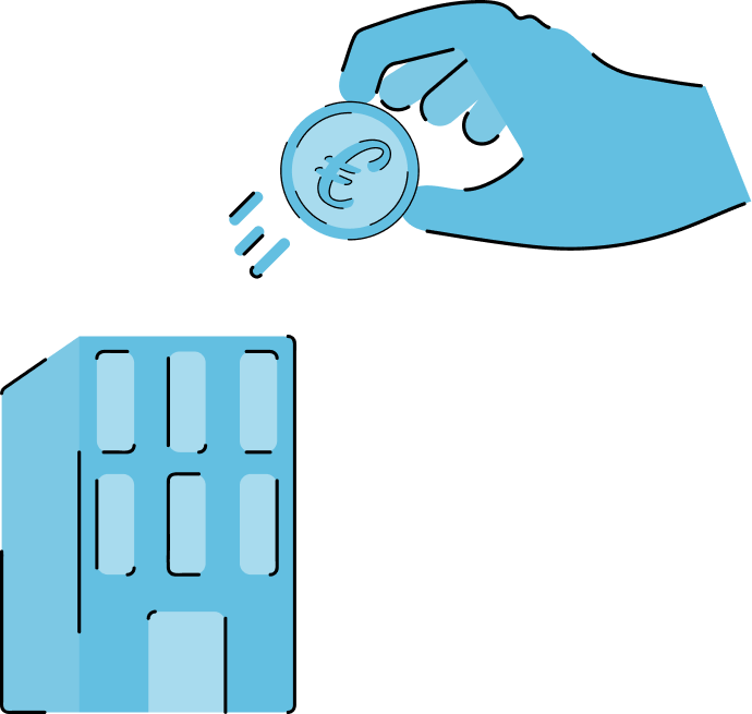 Illustration d'un bâtiment et du paiement de l'impôt sur les sociétés (IS) via les formulaires 2571 et 2572.