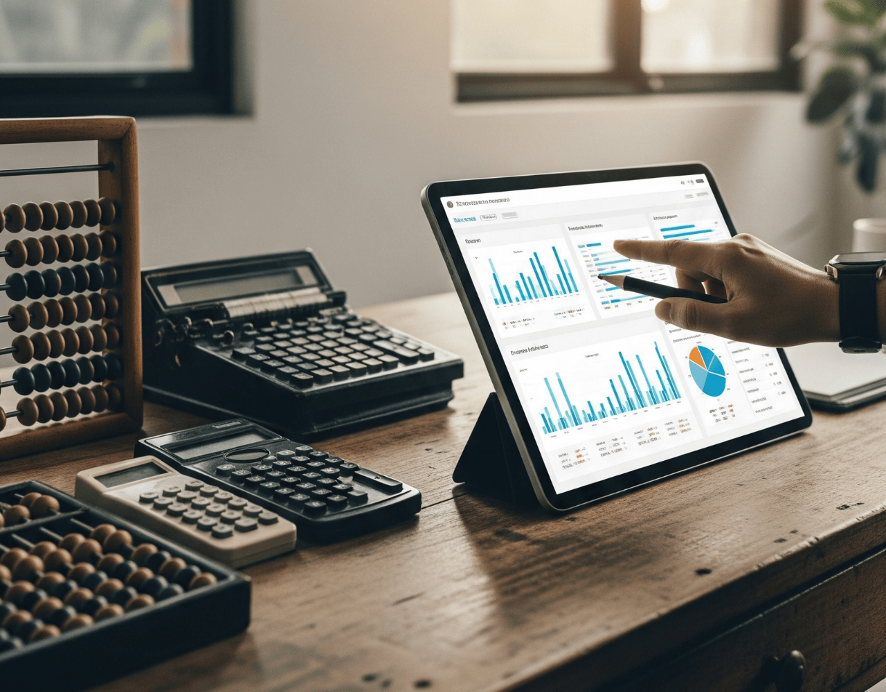 Analyse comptable sur tablette illustrant l'évolution du PCG en 2025, avec outils traditionnels (abaque, calculatrices) en arrière-plan.