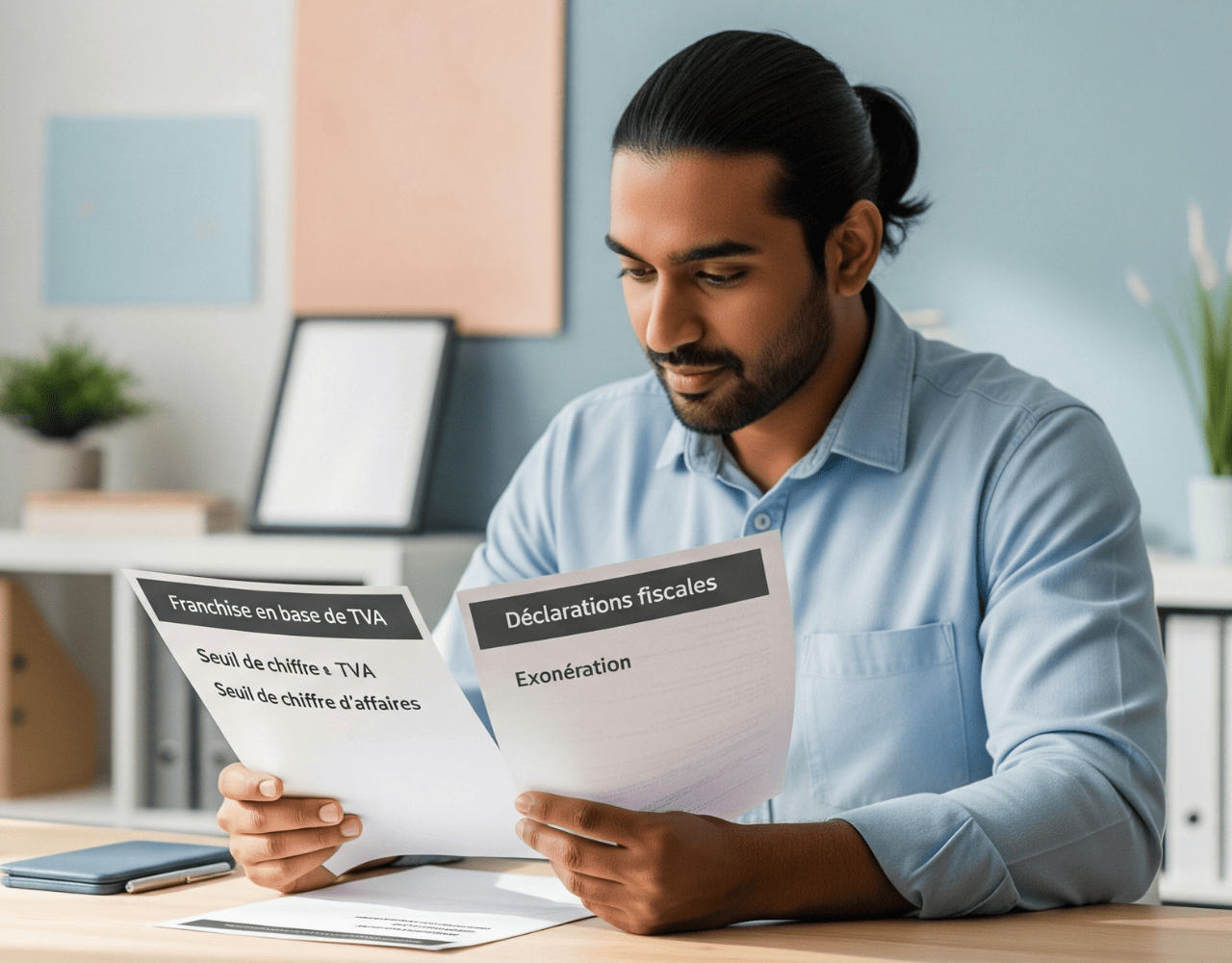 Femme vérifiant les différents seuils de franchises TVA sur ses documents
