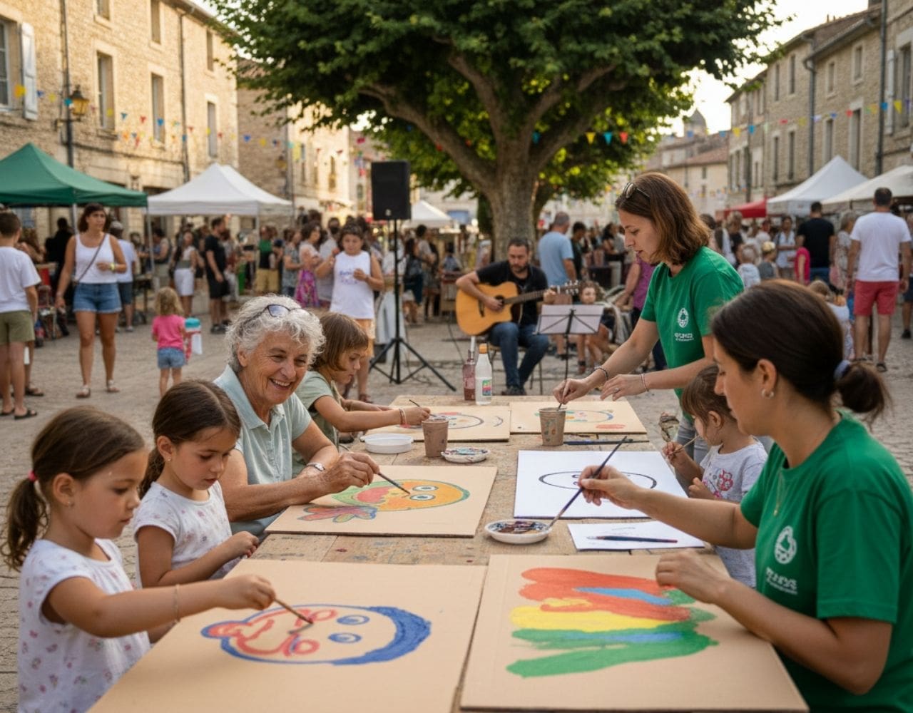 Événement associatif familial : atelier peinture pour enfants et adultes. Des bénévoles souriants en t-shirts verts encadrent l'activité créative en plein air. Scène de fête de quartier animée avec musique live, idéal pour l'engagement communautaire et activités bénévoles.