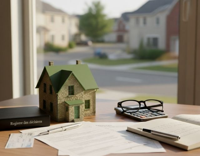 Une maison miniature posée sur une table en bois, symbolisant le patrimoine immobilier d'une SCI familiale. À côté, divers éléments administratifs essentiels, un classeur noir intitulé 'Registre des décisions', des documents légaux (tels que des procès-verbaux d'AG), un carnet, un stylo, une calculatrice et des lunettes, représentant les obligations comptables et juridiques continues d'une SCI à l'IR sans revenus, même en l'absence d'activité locative.