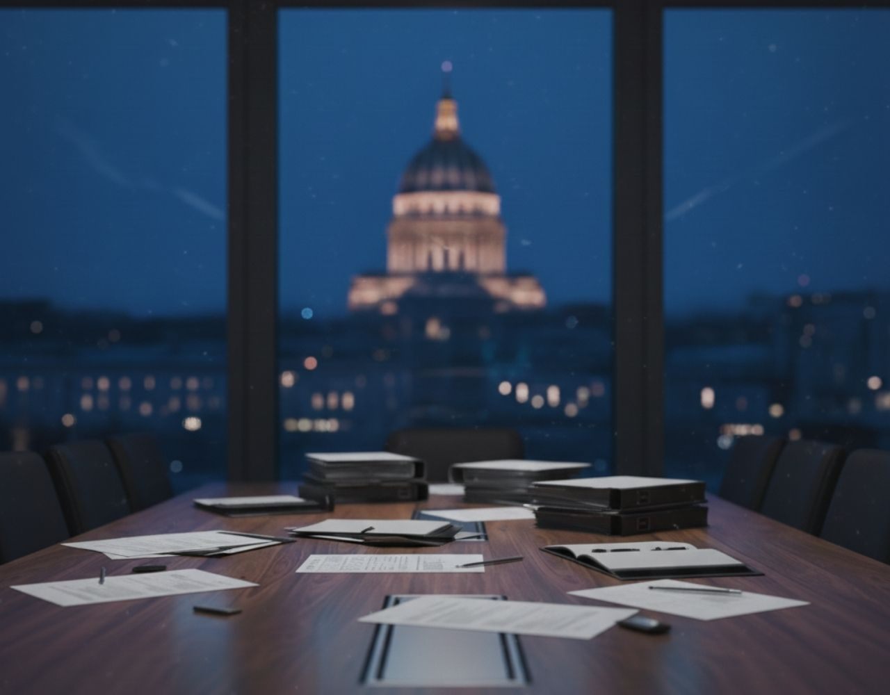 Bureau de réunion professionnel avec documents, dossiers et graphiques financiers dans des tons bleus, symbolisant le projet de loi de finances 2026.