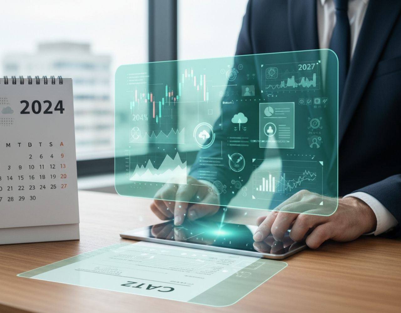 Professionnel consultant des données de TVA sur une tablette avec un calendrier 2027, symbolisant les futures évolutions du régime simplifié de TVA pour les TPE et PME, la facturation électronique et la gestion des déclarations mensuelles ou trimestrielles d'ici 2027.