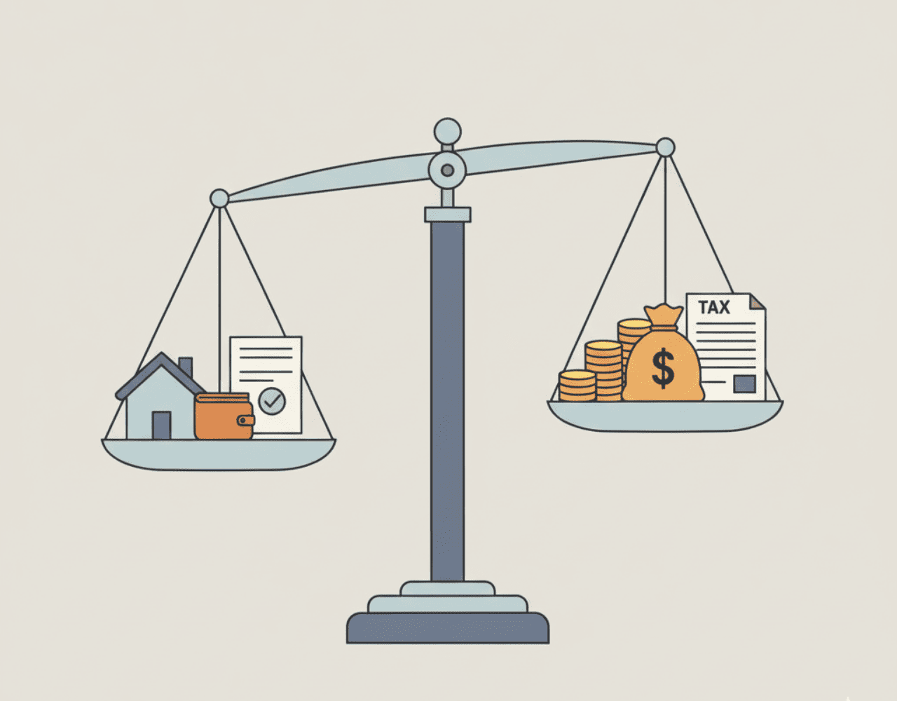 Image d'une balance avec un point d'interrogation au-dessus, représentant la décision entre l'exonération de TVA pour la gestion immobilière et l'option de soumission à la TVA.